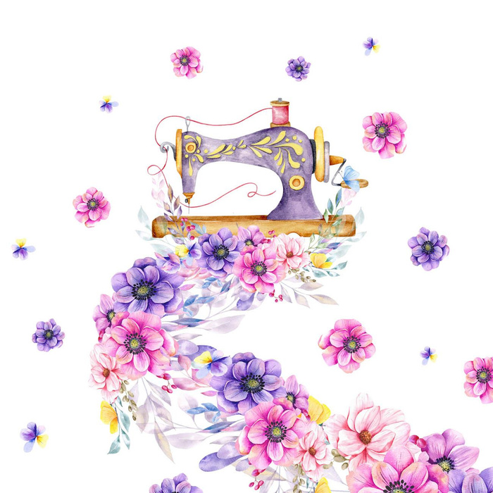 SEWING MACHINE AND FLOWERS - panel (60cm x 50cm) Waterproof woven fabric