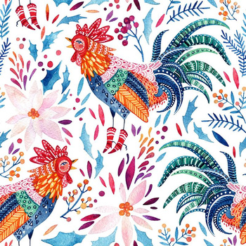 ROOSTERS / white  - Woven Fabric for tablecloths