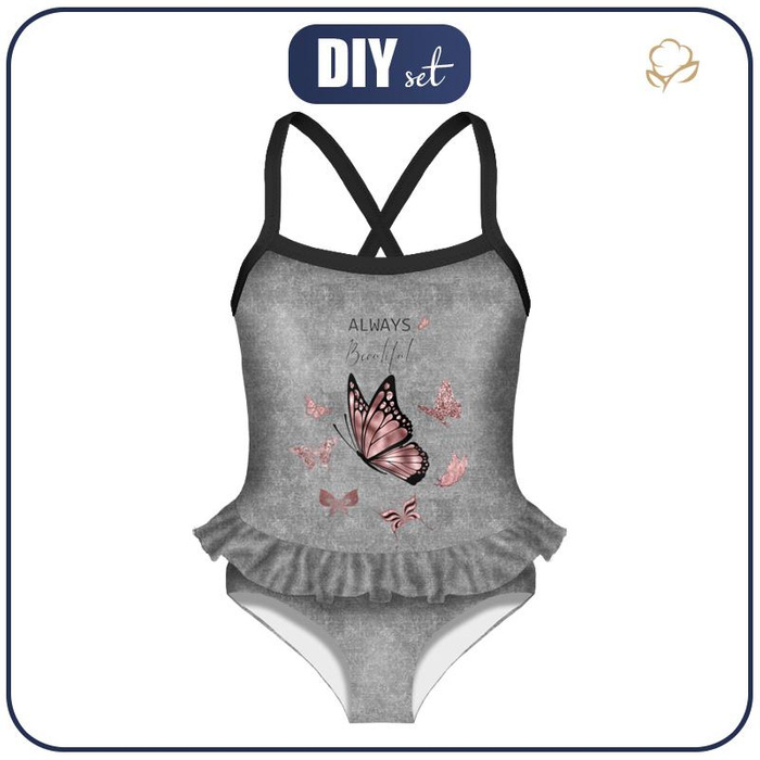 Girl's swimsuit - ALWAYS BEAUTIFUL (GLITTER BUTTERFLIES) / ACID WASH GREY 134-140