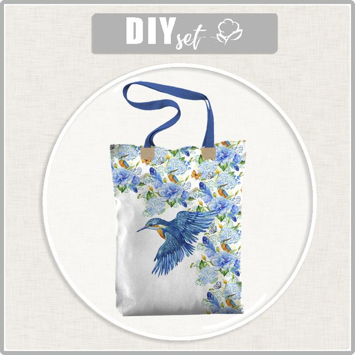 SHOPPER TASCHE - EISVÖGEL UND FLIEDER (EISVÖGEL AUF DER WIESE) / weiß - Panama 220g Webware - Nähset