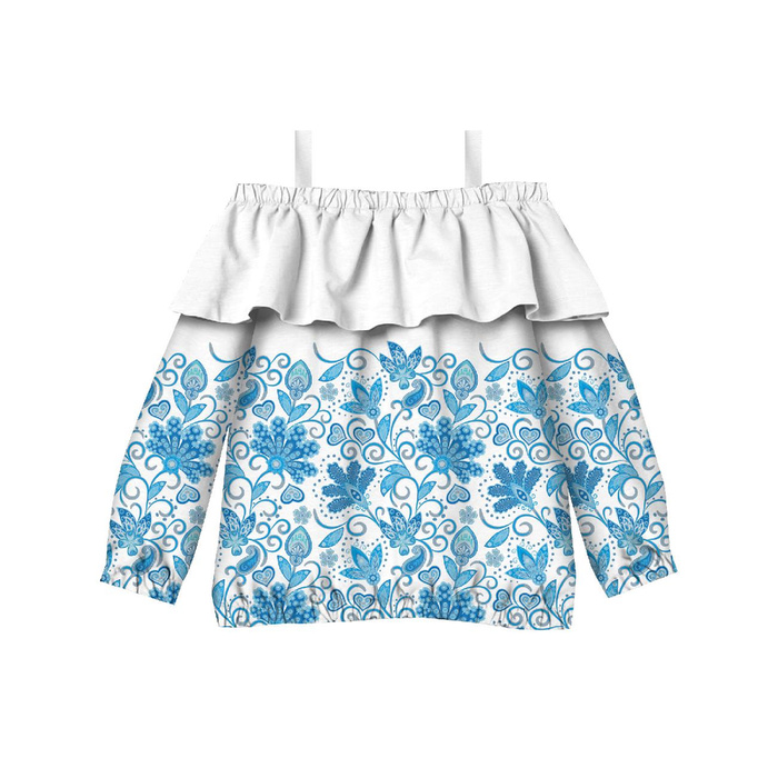 Bardot neckline blouse (VIKI) - FLOWERS (pattern no. 2 light blue) / white - sewing set