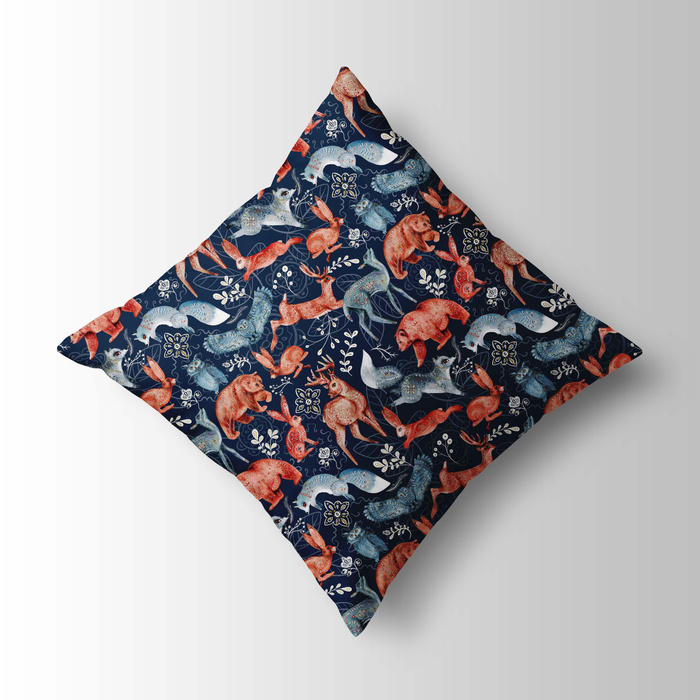 FOLK ANIMALS pat. 1 / dark blue (FOLK FOREST) - Waterproof woven fabric