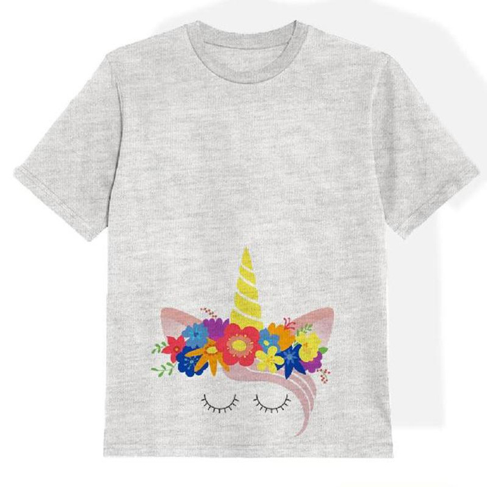 KID’S T-SHIRT- UNICORN / flowers - melange light grey- single jersey (128/134)