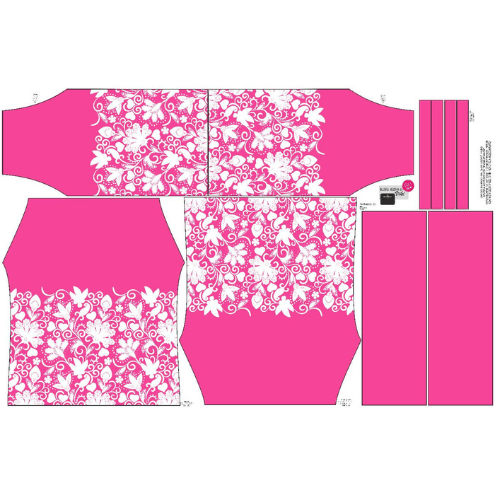 Bardot neckline blouse (VIKI) - FLOWERS (pattern no. 2 white) / fuchsie - sewing set - 146-152
