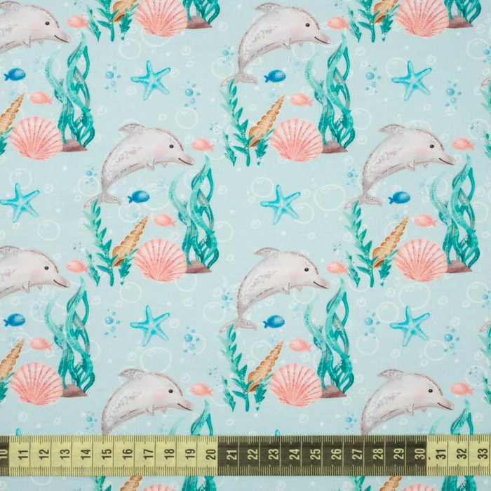 DOLPHINS pat. 2 (MAGICAL OCEAN) / aqua - Waterproof woven fabric