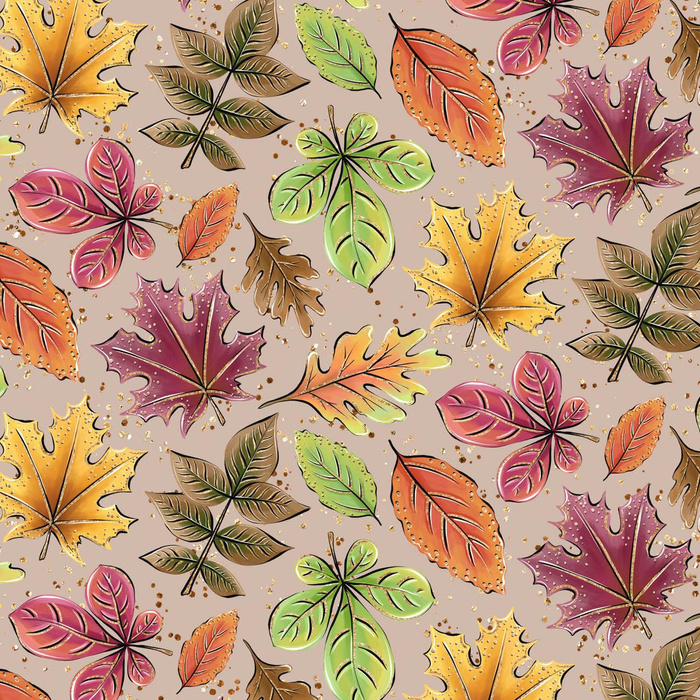 COLORFUL LEAVES MIX / beige (GLITTER AUTUMN) - Waterproof woven fabric