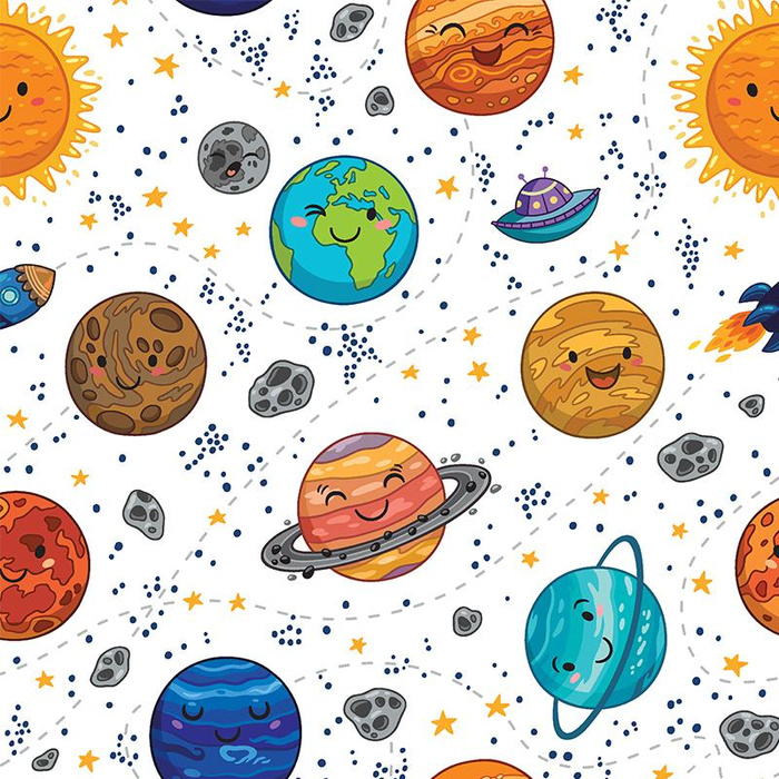 PLANETS / white - Cotton woven fabric