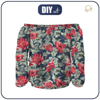 Carmenausschnitt Bluse SOFIA - ROTE MOHNBLUMEN (ROTER GARTEN) - Nähset XXL