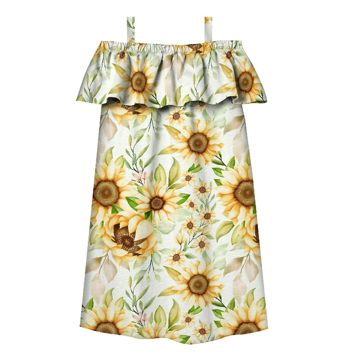 Carmenausschnitt Kleid (LILI) - PASTELL-SONNENBLUMEN M. 3 - Nähset 