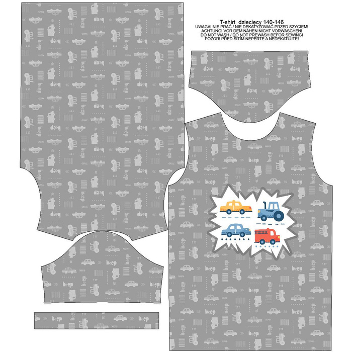 KID’S T-SHIRT - VEHICLES pat. 2 / white (ADVENTURE BEGINS) - single jersey (104/110)