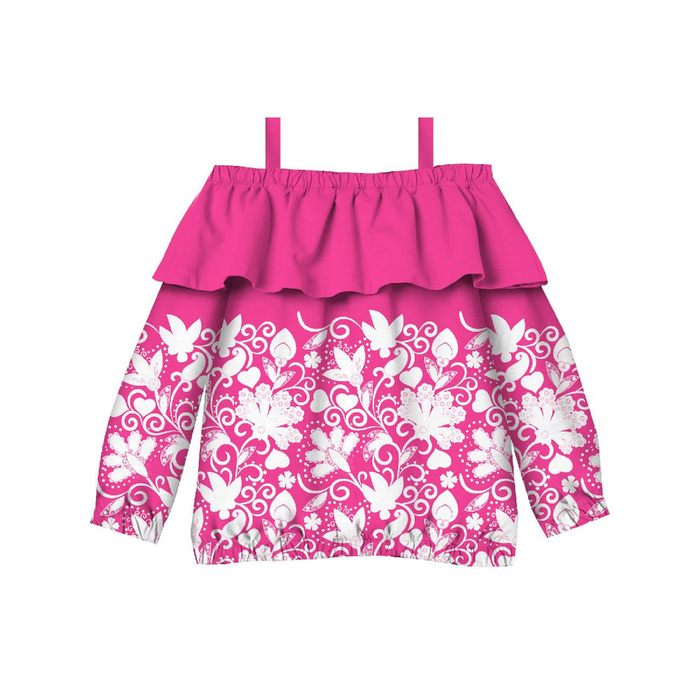 Carmenausschnitt Bluse (VIKI) - BLUMEN (Motiv 2 weiß) / fuchsia - Nähset -134-140