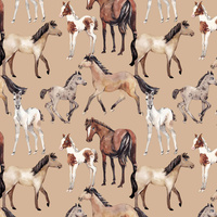 HORSES / beige - Cotton woven fabric