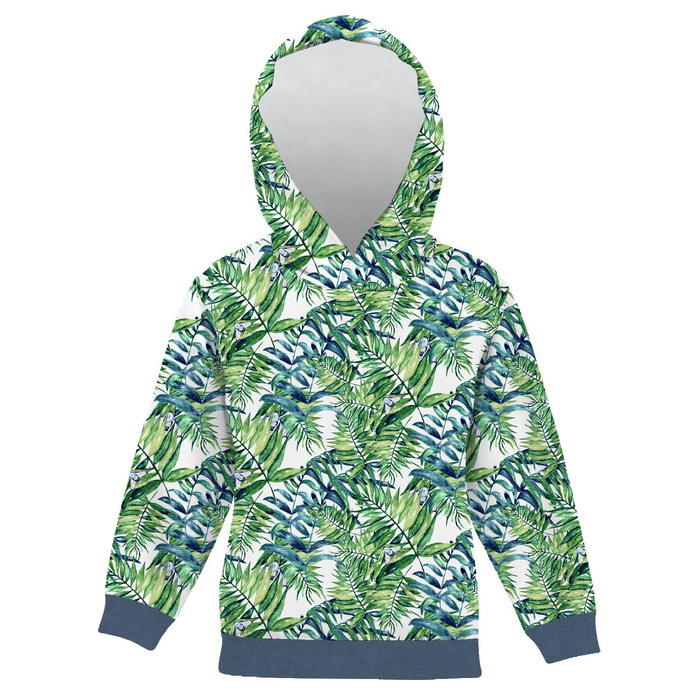 Children's tracksuit (OSLO) - MINI LEAVES AND INSECTS PAT. 6 (TROPICAL NATURE) / white - looped knit fabric (146/152)