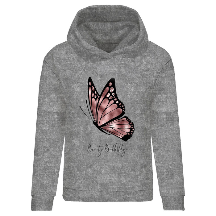 CLASSIC WOMEN’S HOODIE (POLA) - BEAUTY BUTTERFLY (GLITTER BUTTERFLIES) / ACID WASH GREY - looped knit fabric