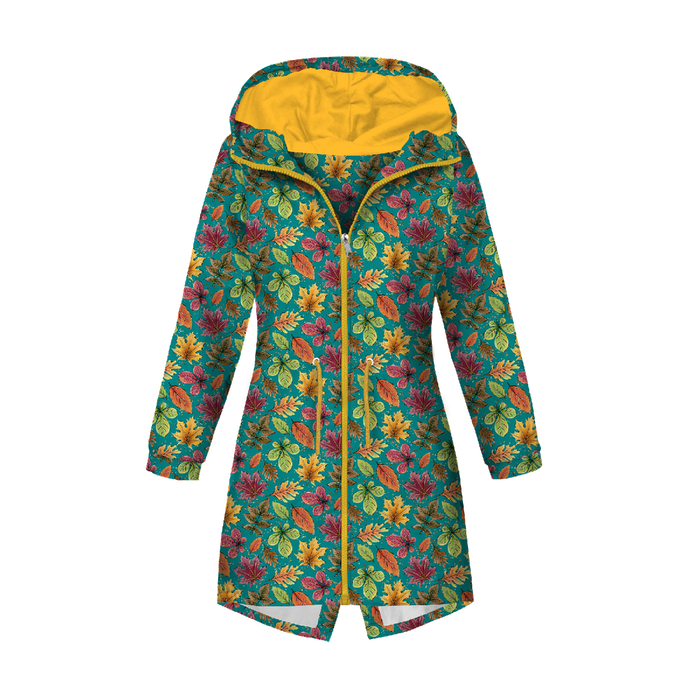 PARKA DAMSKA (ANNA) - KOLOROWE LIŚCIE MIX / szmaragdowy (BROKATOWA JESIEŃ) - zestaw do uszycia