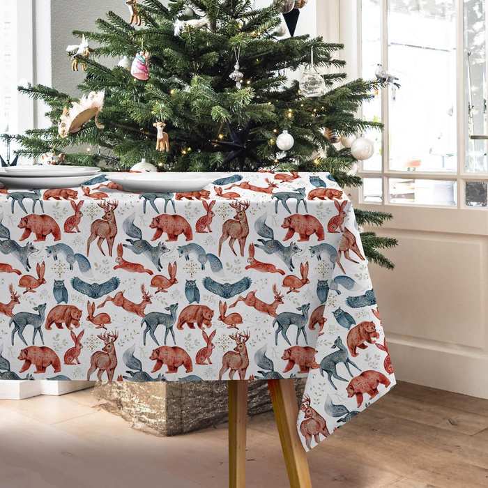 FOLK ANIMALS pat. 1 / white (FOLK FOREST) - Cotton woven fabric