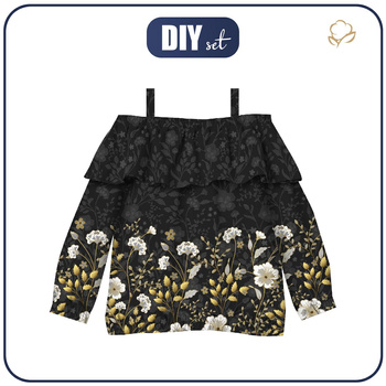 Carmenausschnitt Bluse (VIKI) - BLUMEN (Motiv 8) / schwarz - Nähset -134-140