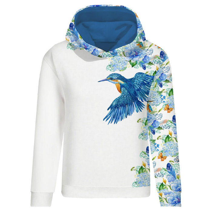 CLASSIC WOMEN’S HOODIE (POLA) - KINGFISHERS AND LILACS (KINGFISHERS IN THE MEADOW) / white - looped knit fabric - L