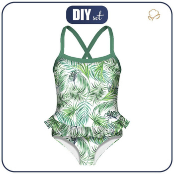 Girl's swimsuit - PALM LEAVES pat. 4 (white) - 122-128