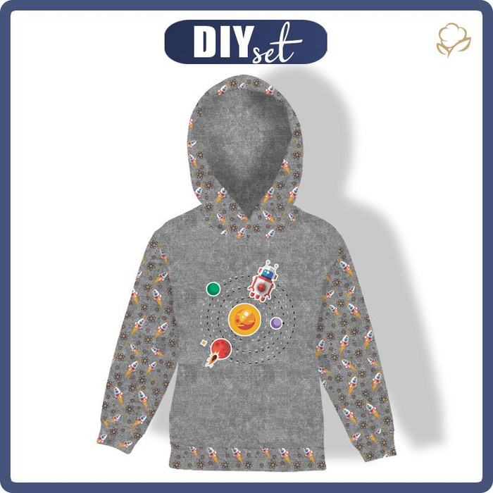 KID'S HOODIE (ALEX) - SOLAR SYSTEM (SPACE EXPEDITION) / ACID WASH GREY - looped knit fabric (122/128)