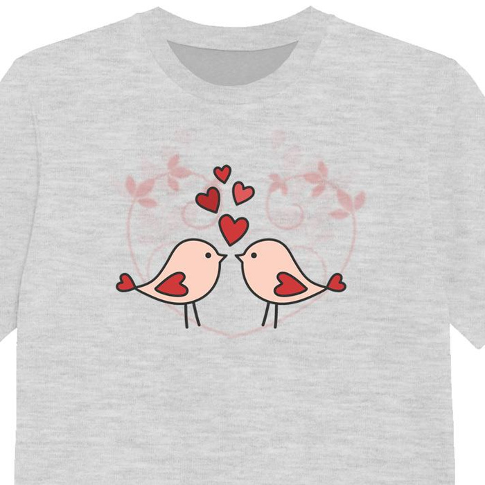 KID’S T-SHIRT - BIRDS IN LOVE (HAPPY VALENTINE’S DAY) / melange light grey - single jersey (116/122)