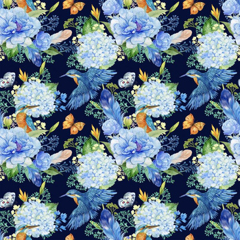 MINI KINGFISHERS AND LILACS (KINGFISHERS IN THE MEADOW) / navy - light brushed knitwear