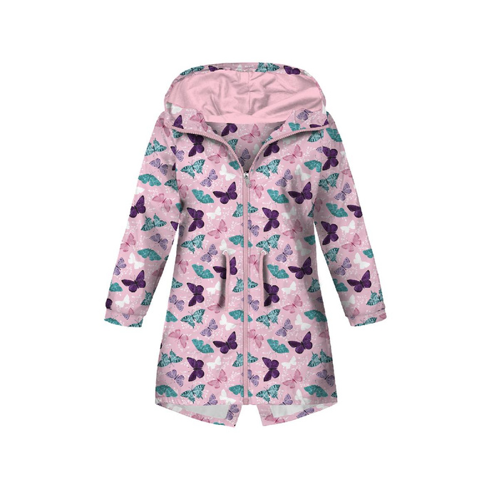 PARKA DZIECIĘCA (ARIEL) - MOTYLE wz. 5 / różowy (PURPUROWE MOTYLE) - softshell (146/152)