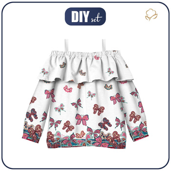 Bardot neckline blouse (VIKI) - BUTTERFLIES (pat. 1 pink) / white - sewing set - 134-140