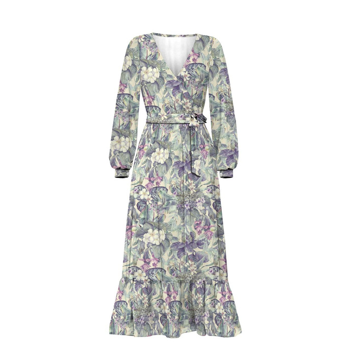 SUKIENKA KOPERTOWA Z FALBANKĄ "ABELLA" S - PURPLE FLORAL - zestaw do uszycia 