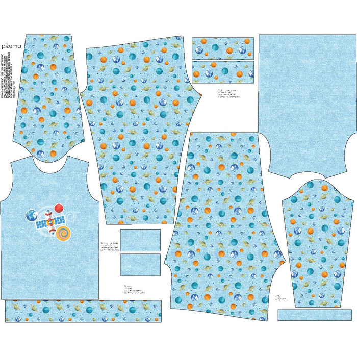 KINDERPYJAMAS "MIKI" - SATTELIT (WELTRAUMEXPEDITION) / ACID WASH HELLBLAU - Elastische Baumwoll Maschenware (134/140)