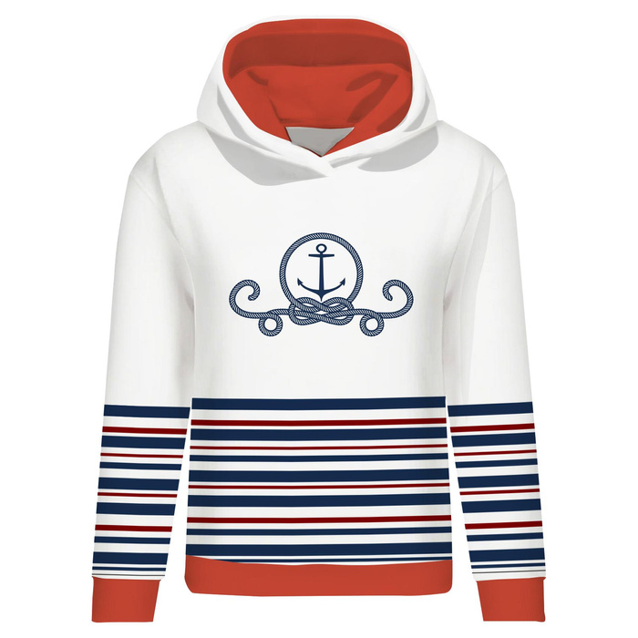 BLUZA DAMSKA (POLA) CLASSIC Z KAPTUREM - KOTWICA / paski (marine) - dzianina pętelkowa - XS