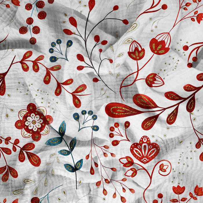 FOLK FLORAL wz. 2 (FOLK LES) - Mušelín bavlněný