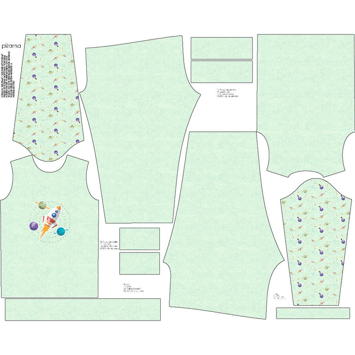 CHILDREN'S PAJAMAS " MIKI" - ROCKET AND PLANETS (SPACE EXPEDITION) / ACID WASH MINT - Elastic cotton knit fabric (146/152)