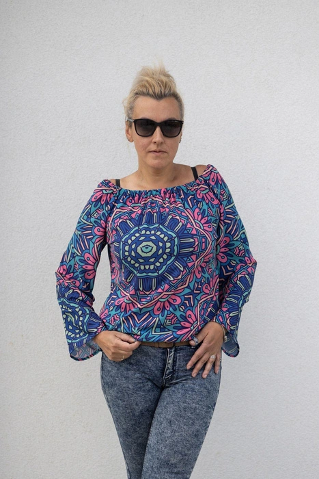 Bardot neckline blouse (SOFIA) - WATERCOLOR FLOWERS PAT. 4 - sewing set XS
