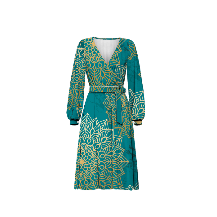 WRAP MIDI DRESS (BIANCA) - MANDALA pat. 5 / emerald - sewing set