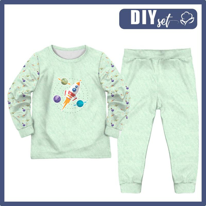 CHILDREN'S PAJAMAS " MIKI" - ROCKET AND PLANETS (SPACE EXPEDITION) / ACID WASH MINT - Elastic cotton knit fabric (122/128)