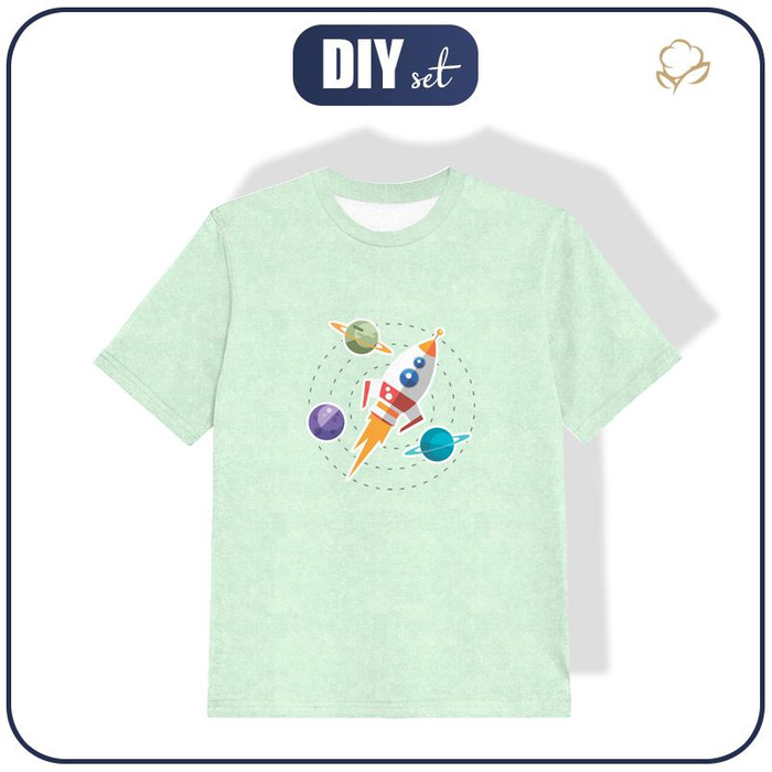 DĚTSKÉ TRIČKO (116/122) - RAKETA A PLANETY (CESTA DO VESMÍRU) / ACID WASH MENTOLOVÝ - single jersey