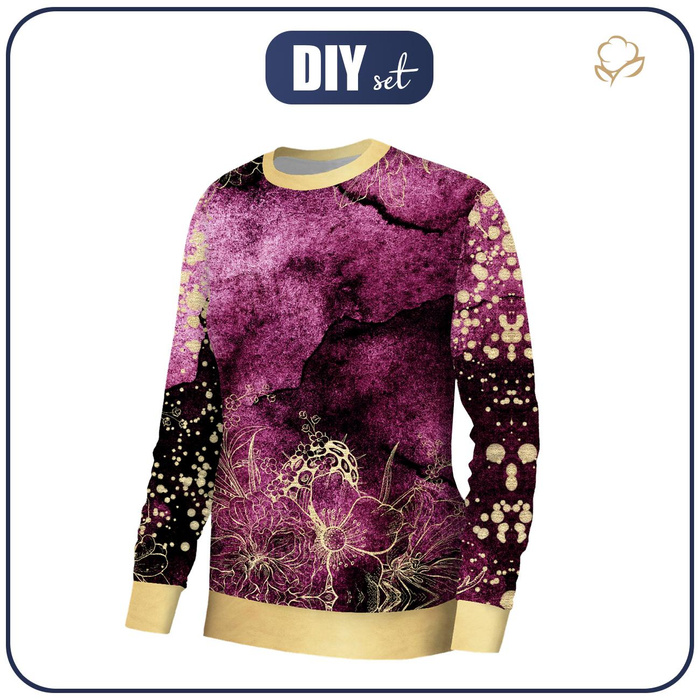WOMEN'S SWEATSHIRT (HANA) BASIC - FLOWERS / golden contour Pat. 1  / WATERCOLOR MARBLE - looped knit fabric ITY - XXXL