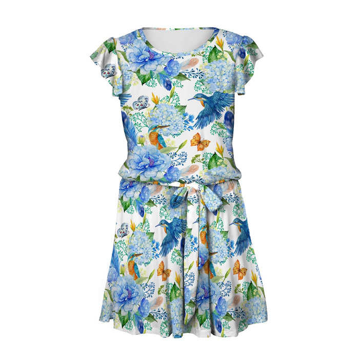 DRESS "EMMA" - KINGFISHERS AND LILACS (KINGFISHERS IN THE MEADOW) / white - Viscose jersey with elastane M