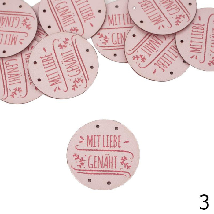 Cedulka ''MIT LIEBE GENÄHT' průměr 3cm  - barva na výběr