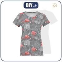 DAMEN T-SHIRT - FLAMINGOS UND ROSEN / grau - Single Jersey L