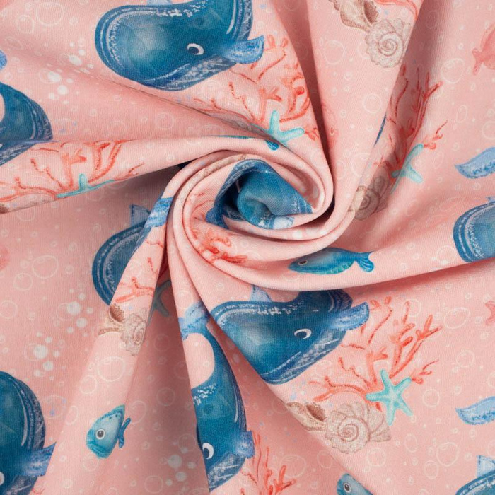 WHALES / bubbles (MAGICAL OCEAN) / pink - Cotton woven fabric
