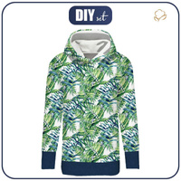 LONG WOMEN’S HOODIE (MEGI) - MINI LEAVES AND INSECTS PAT. 6 (TROPICAL NATURE) / white - looped knit fabric - XXL