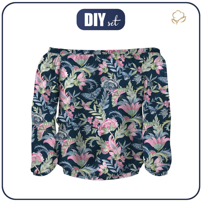 Bluzka hiszpanka (SOFIA) - KWIATY I MOTYLE / navy - zestaw do uszycia M