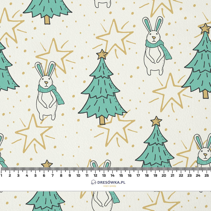 HARES WITH CHRISTMAS TREES / white - Cotton woven fabric