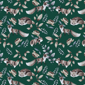 FOX TIME / BOTTLED GREEN (INTO THE WOODS) - tkanina wodoodporna