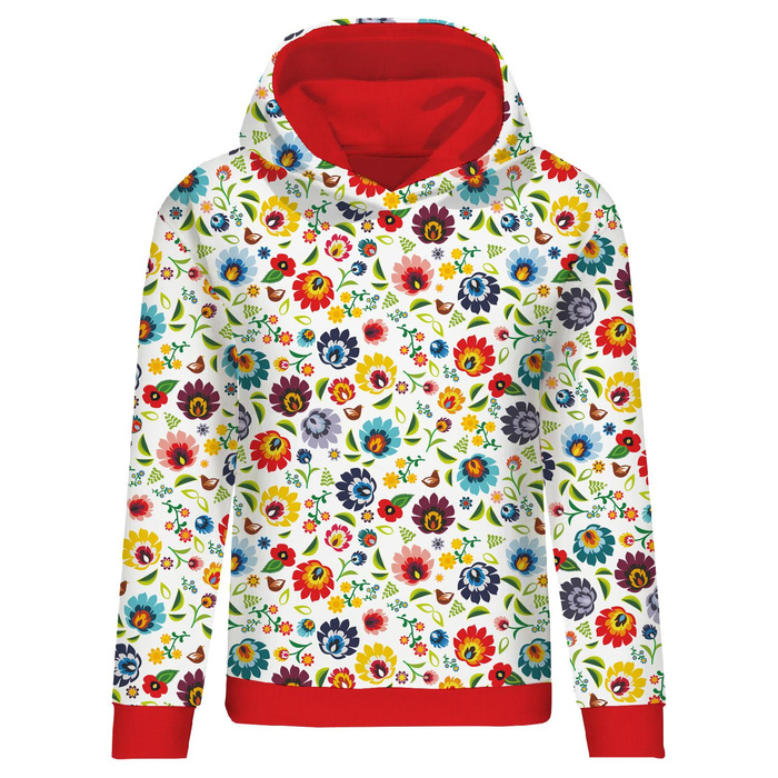 BLUZA DAMSKA (POLA) CLASSIC Z KAPTUREM - FOLK ŁOWICKI / biały - dzianina pętelkowa XXXL