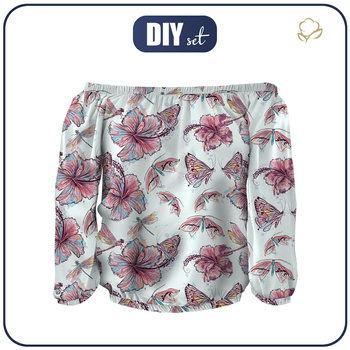 Carmenausschnitt Bluse SOFIA - HIBISKUS UND SCHMETTERLINGE - Nähset M