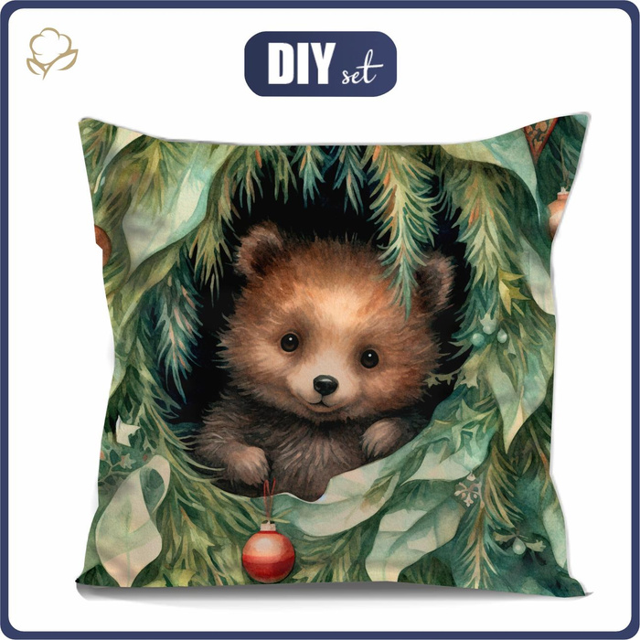 PODUSZKA 45X45 - VINTAGE CHRISTMAS BEAR - welur tapicerski - zestaw do uszycia