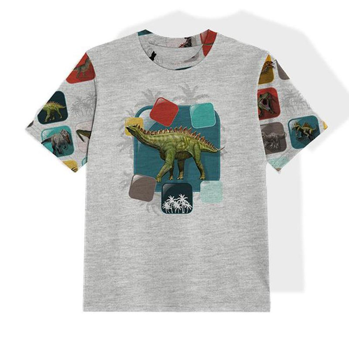 KID’S T-SHIRT- DINO TILES PAT. 6/ melange light grey- single jersey